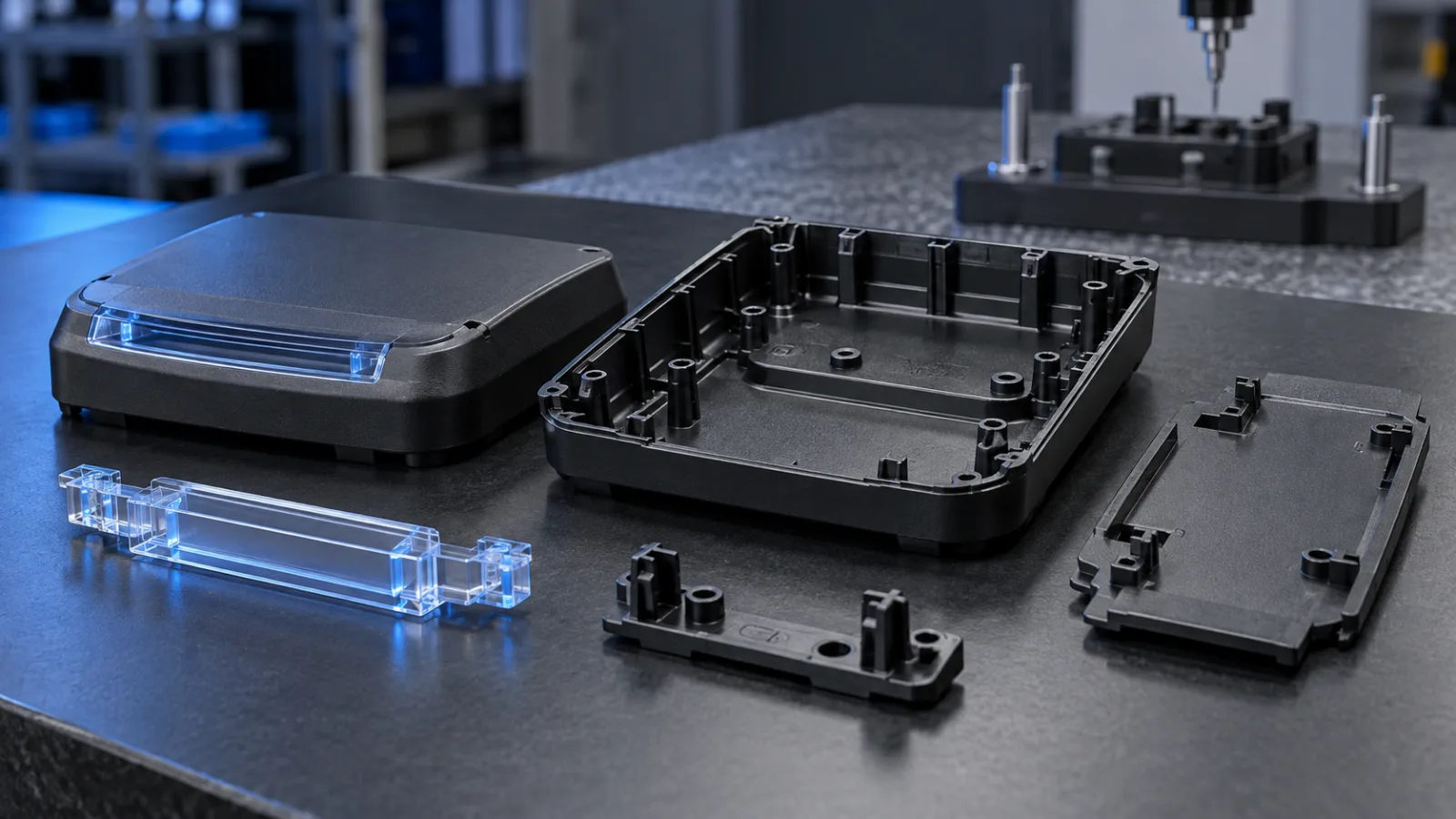 Injection-molded enclosure parts with ribs, bosses, snaps, and a light pipe